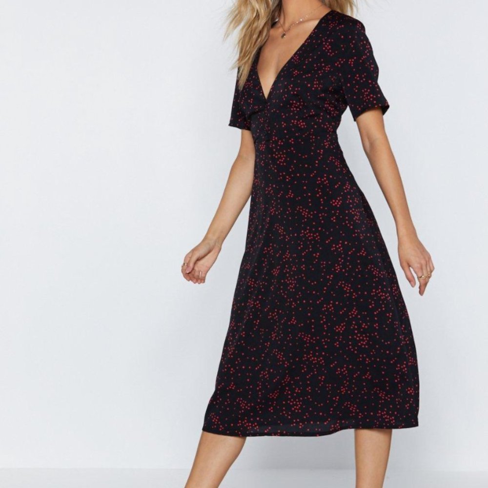 NWT: V-Neckline Midi Dress with Polka Dot Print